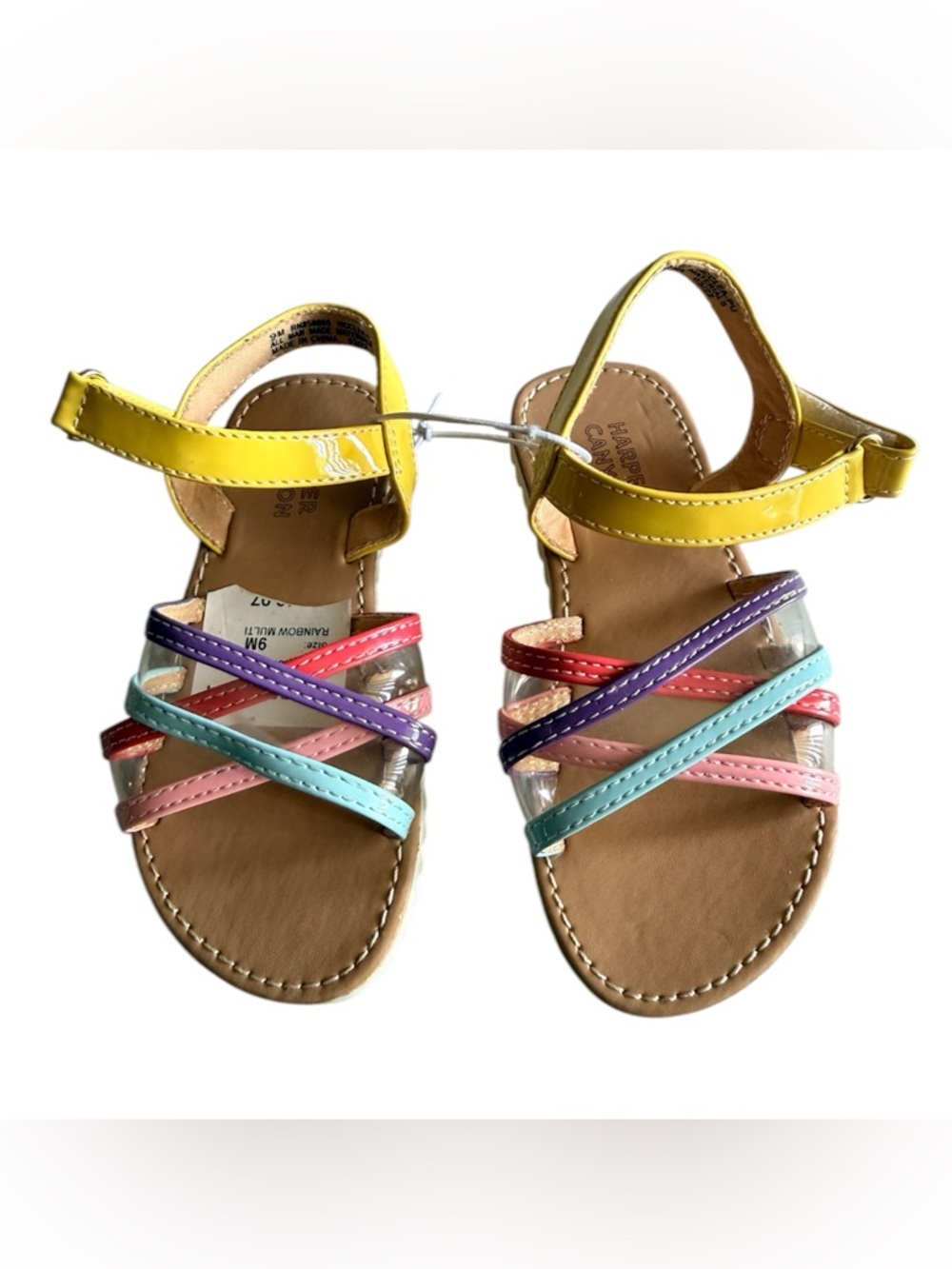 Harper Canyon Kids Multi-Color Strappy Sandals with Yellow Ankle Strap. Size 9M